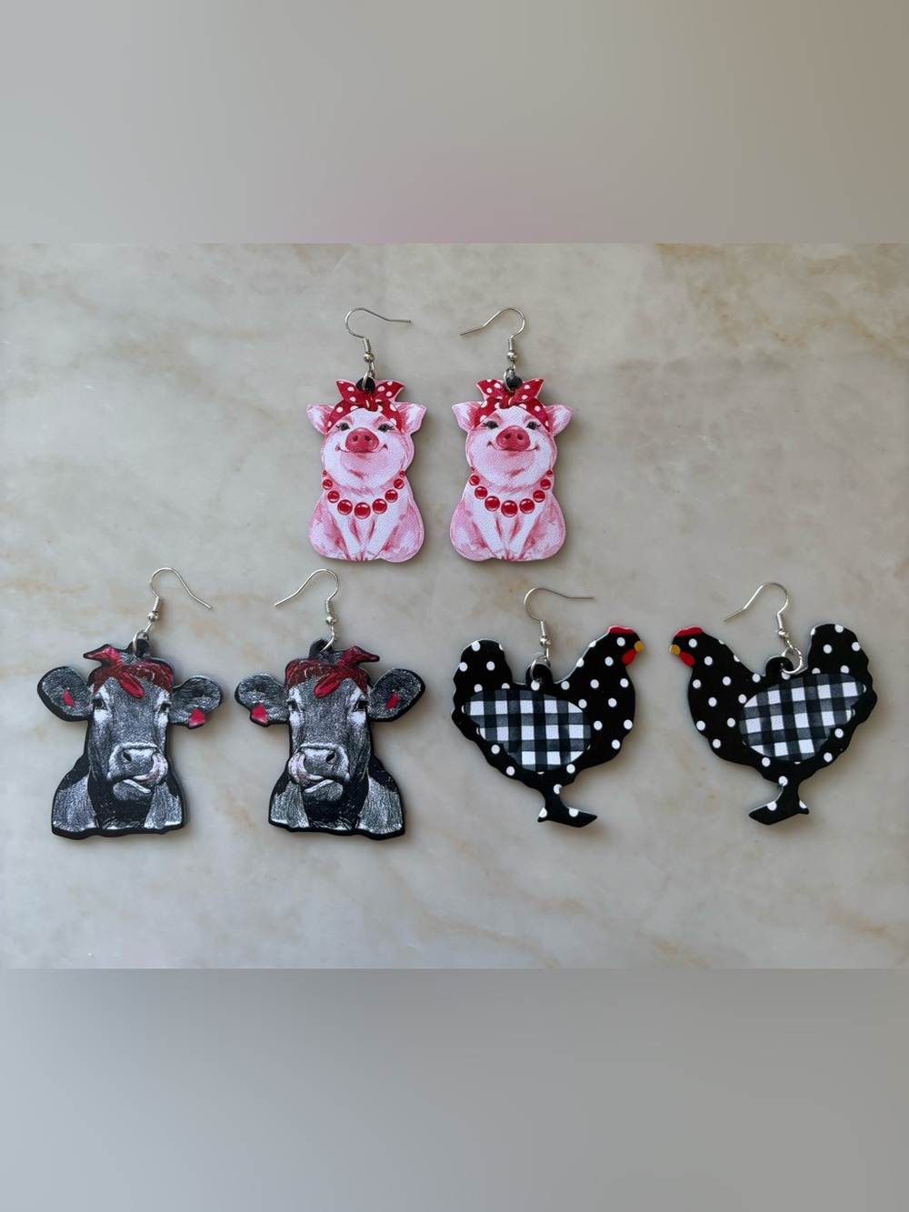 3 Pairs Farm Animals Bundle Earrings pig ox chicken Faux Leather Double Sided